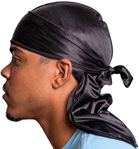 Veeta Superior Silk Durag - Smooth Silk Durag for Men & Women, Long Double Wide Straps, Outside Seam Triple Stitch Du Rag (Black) - Image 1