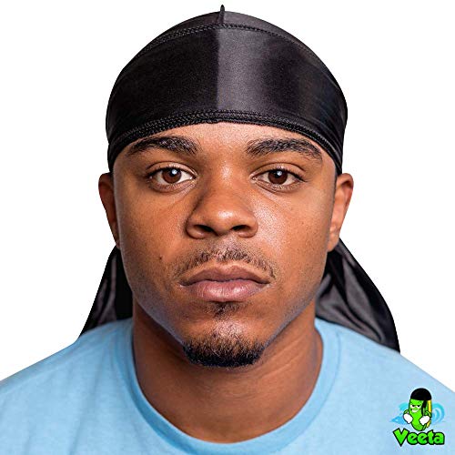 Veeta Superior Silk Durag - Smooth Silk Durag for Men & Women, Long Double Wide Straps, Outside Seam Triple Stitch Du Rag (Black) - Image 4