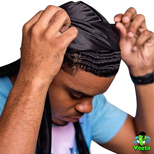 Veeta Superior Silk Durag - Smooth Silk Durag for Men & Women, Long Double Wide Straps, Outside Seam Triple Stitch Du Rag (Black) - Image 5