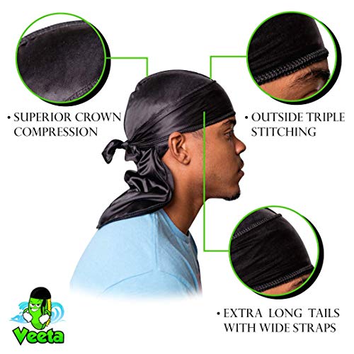 Veeta Superior Silk Durag - Smooth Silk Durag for Men & Women, Long Double Wide Straps, Outside Seam Triple Stitch Du Rag (Black) - Image 3