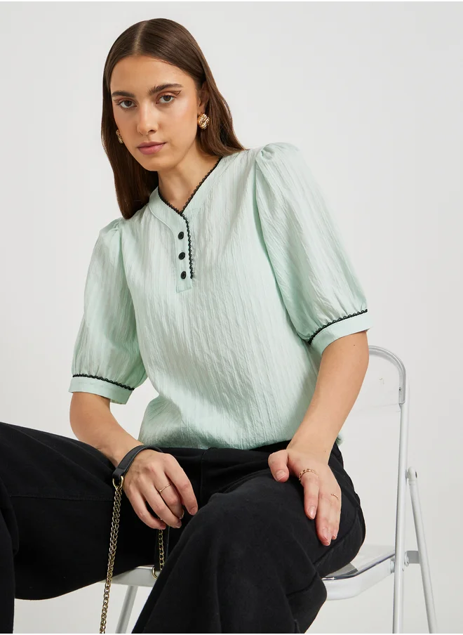 Take Two Take Two Textured Lace Trim Short Sleeve Blouse