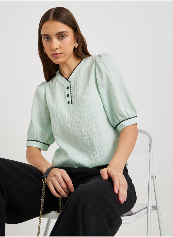 Take Two Take Two Textured Lace Trim Short Sleeve Blouse  - Image 1