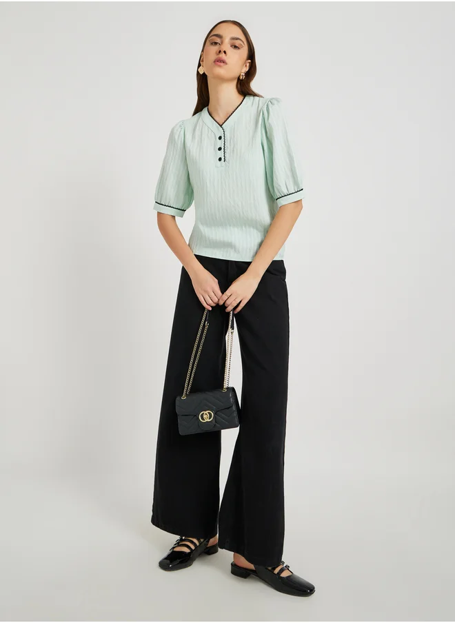 Take Two Take Two Textured Lace Trim Short Sleeve Blouse
