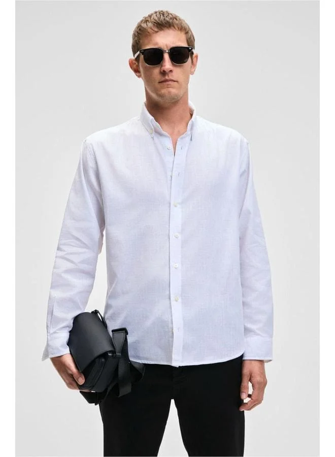 GRIMELANGE Perttu Men's 100% Cotton Slim Fit Narrow Cut Button Collar Linen-Look Flannel White Shirt
