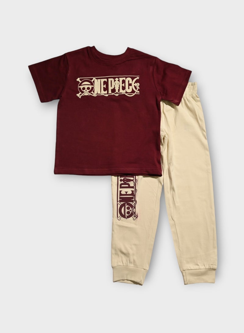 One Piece Maroon Pajama Set with Skull Logo, 100% Cotton - Image 1