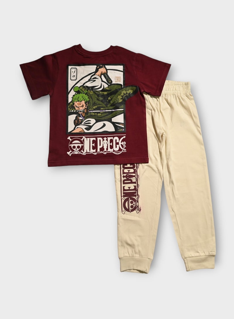 One Piece Maroon Pajama Set with Skull Logo, 100% Cotton - Image 4