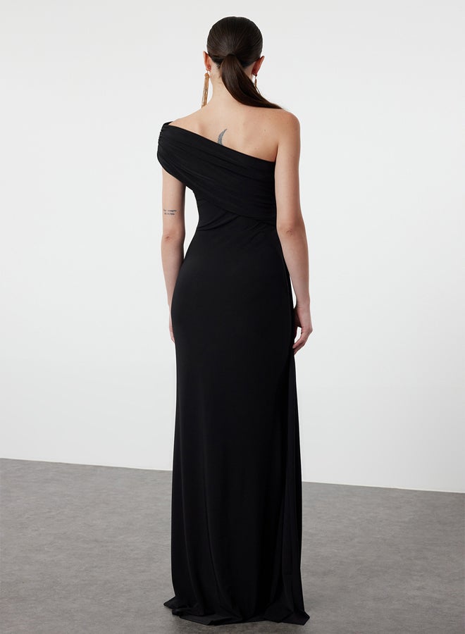 trendyol Black Fitted Asymmetrical Neckline Waist Detailed Woven Long Elegant Evening Dress TPRSS24AE00225 - Image 5
