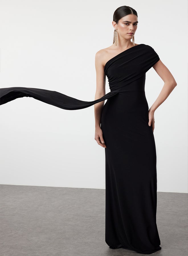 trendyol Black Fitted Asymmetrical Neckline Waist Detailed Woven Long Elegant Evening Dress TPRSS24AE00225 - Image 2
