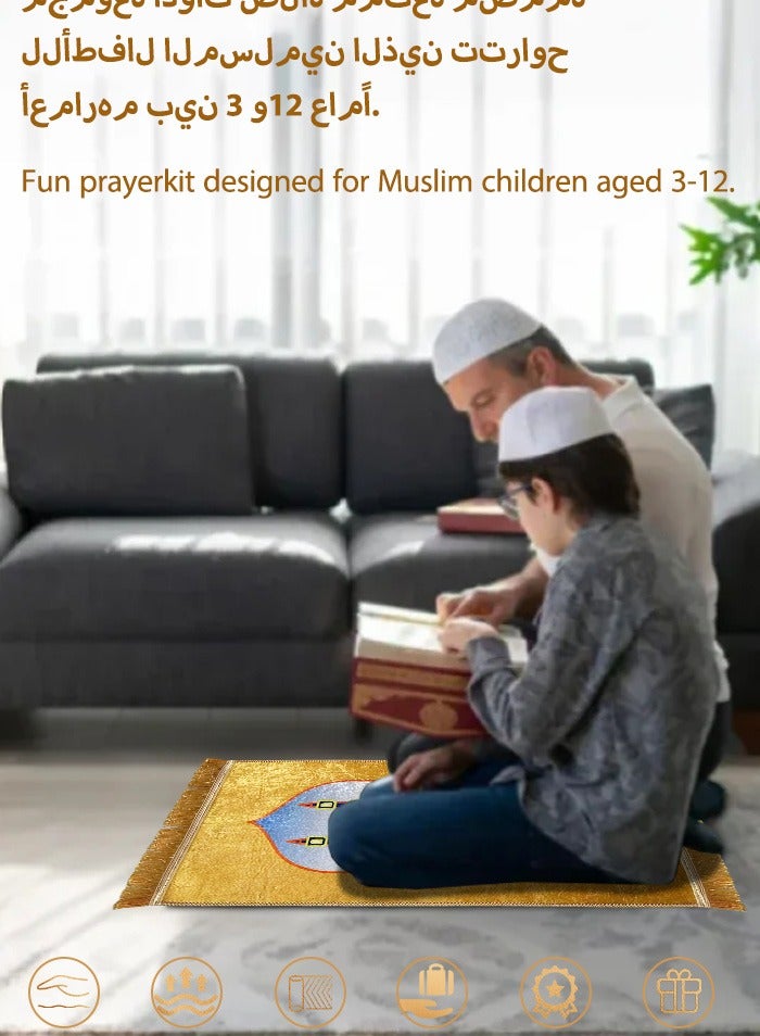 Sunnaltree Prayer Carpet Mat for Kids, Gold Diamond Velvet Prayer Mat, 50x90 cm Portable, Thick with Anti-Slip Bottom, Foldable Prayer Carpet Mat, Multicolor Islamic Prayer rug, Prayer Rug with Tassels, Prayer Mats for Kids (Yellow) - Image 3