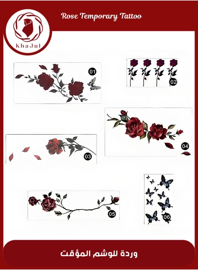 خاجول 6 وشمات مؤقتة بتصميم ورد أحمر زهريللتزيين المؤقت للجسم - تصلح للذراعين، اليدين، الصدر والأكتافمقاومة للماء بتصميمات ناعمة تناسب النساء - Image 1
