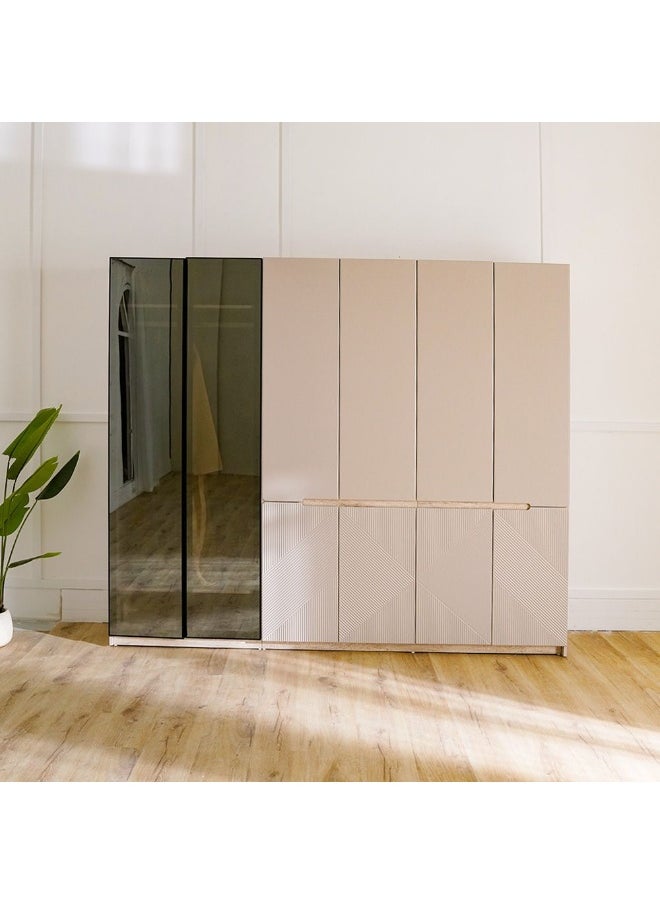 DANUBE HOME Grand 6-Door Wardrobe with 2 Glass Doors and LED Modern Wooden Wardrobe with Spacious Storage, Stylish Closet Organizer with Built-In LED Lighting for Bedroom & Home Decor - Soft Beige  - Image 1