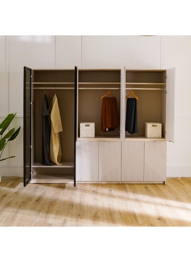 DANUBE HOME Grand 6-Door Wardrobe with 2 Glass Doors and LED Modern Wooden Wardrobe with Spacious Storage, Stylish Closet Organizer with Built-In LED Lighting for Bedroom & Home Decor - Soft Beige  - Image 3