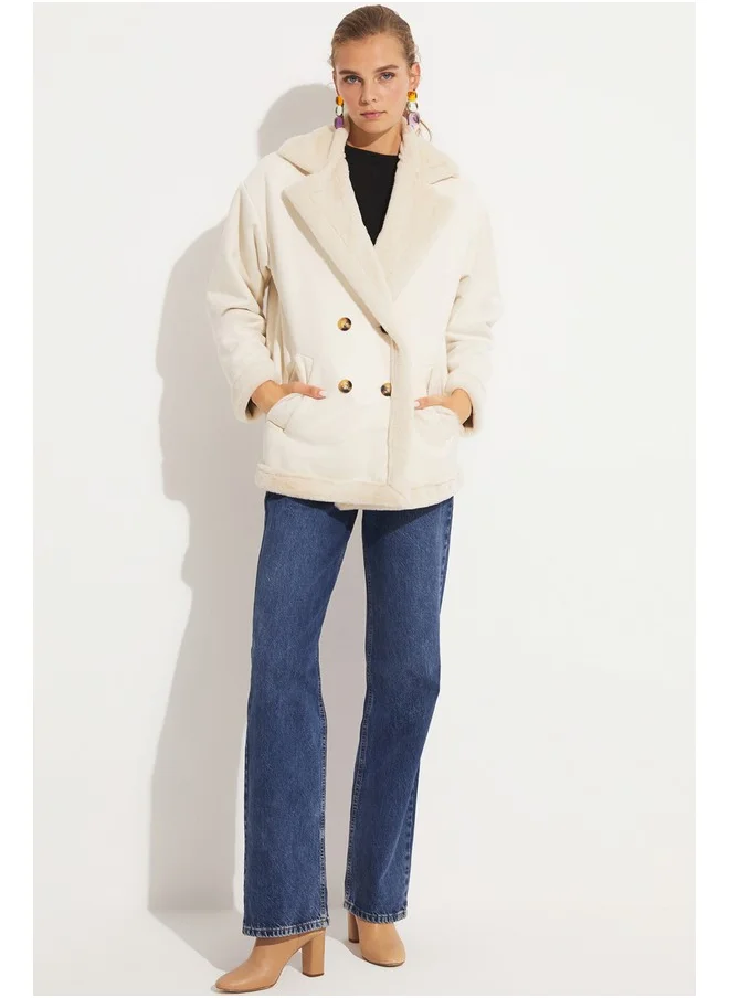 جون June Pu Fur Buttoned Biker Coat Beige