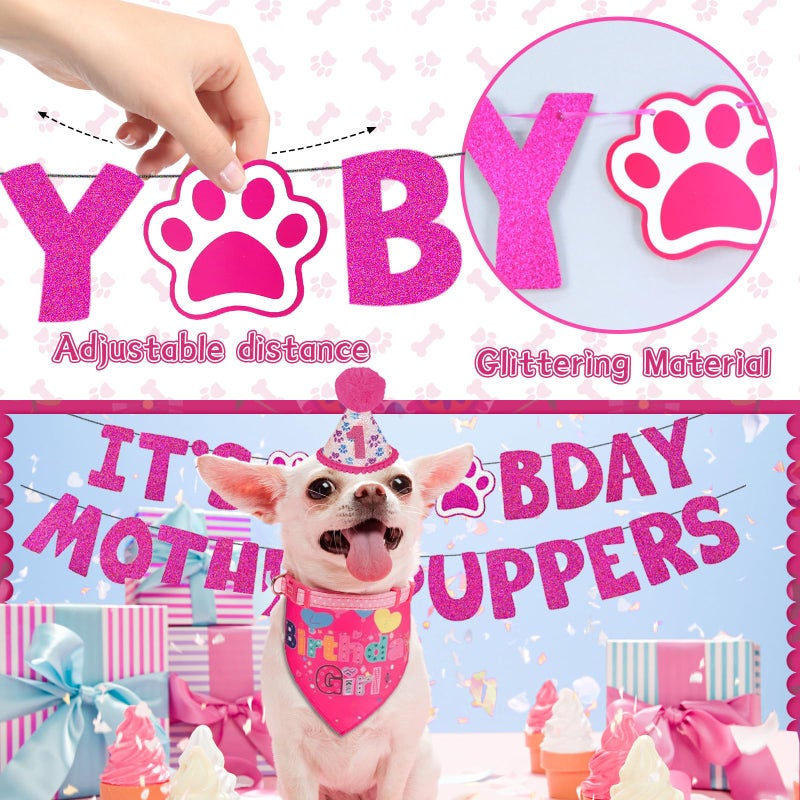 Bolake Hot-Pink Dog Birthday Party Supplies Pet Birthday Bandanas Girl Doggy Birthdays Hat Bow Tie Greeting Card Numbers Itâ€™s My Bday Mother Puppers Sign Banner for Medium Large Pets - Image 3