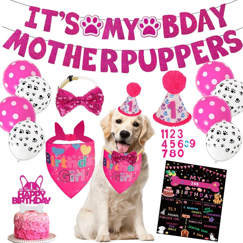 Bolake Hot-Pink Dog Birthday Party Supplies Pet Birthday Bandanas Girl Doggy Birthdays Hat Bow Tie Greeting Card Numbers Itâ€™s My Bday Mother Puppers Sign Banner for Medium Large Pets - Image 1