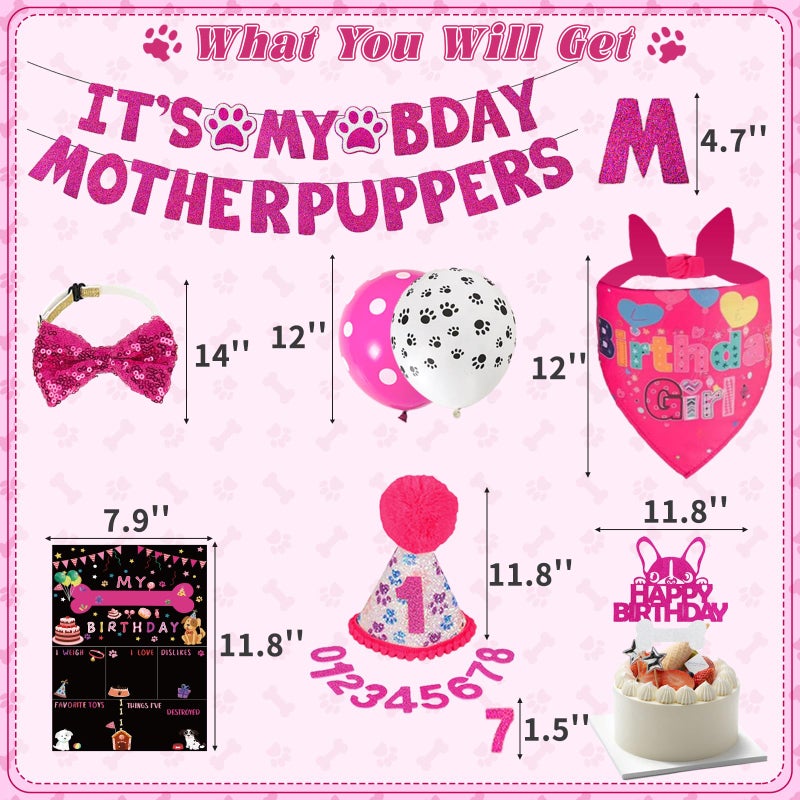 Bolake Hot-Pink Dog Birthday Party Supplies Pet Birthday Bandanas Girl Doggy Birthdays Hat Bow Tie Greeting Card Numbers Itâ€™s My Bday Mother Puppers Sign Banner for Medium Large Pets - Image 2