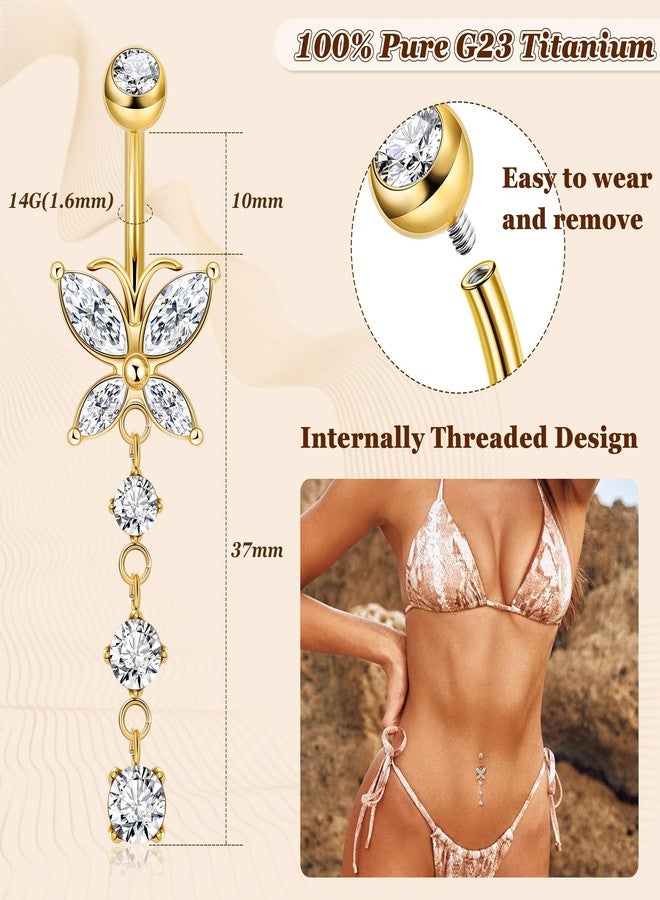 LOREMOW 14G Pure G23 Titanium Dangle Belly Button Rings for Women Butterfly CZ Dangle Belly Ring Internally Thread Dangling Navel Piercing Jewelry for Sensitive Skin Gold - Image 2