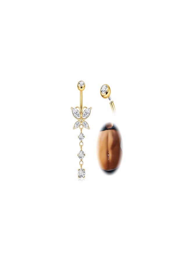 LOREMOW 14G Pure G23 Titanium Dangle Belly Button Rings for Women Butterfly CZ Dangle Belly Ring Internally Thread Dangling Navel Piercing Jewelry for Sensitive Skin Gold - Image 1