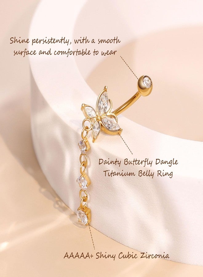 LOREMOW 14G Pure G23 Titanium Dangle Belly Button Rings for Women Butterfly CZ Dangle Belly Ring Internally Thread Dangling Navel Piercing Jewelry for Sensitive Skin Gold - Image 3