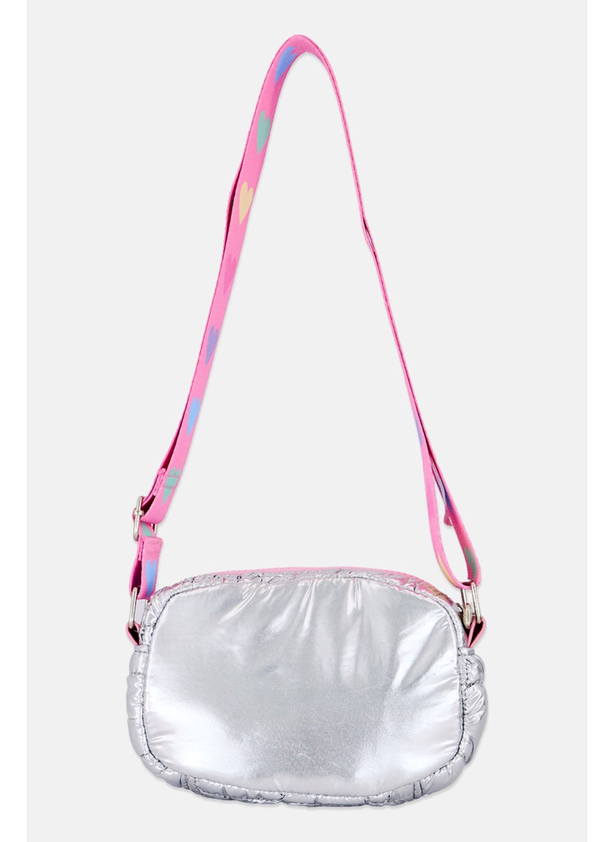 Miss Gwen's OMG Kids Girl Heart Print Scrunch Cross Body Bag, Silver  - Image 2