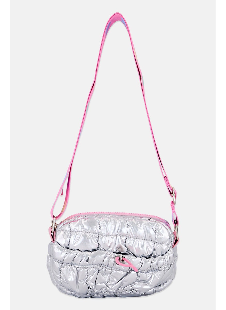 Miss Gwen's OMG Kids Girl Heart Print Scrunch Cross Body Bag, Silver  - Image 1