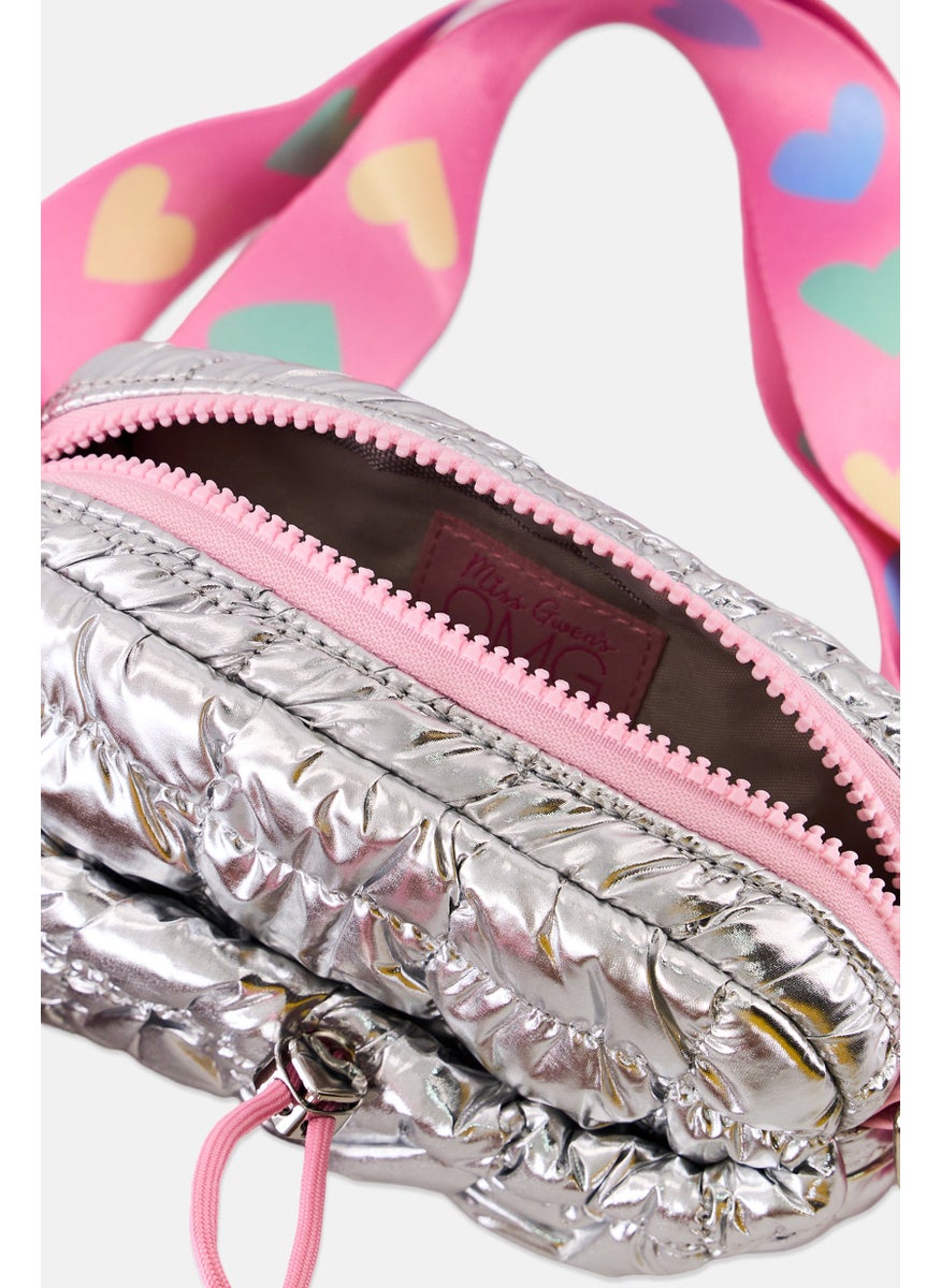Miss Gwen's OMG Kids Girl Heart Print Scrunch Cross Body Bag, Silver  - Image 3