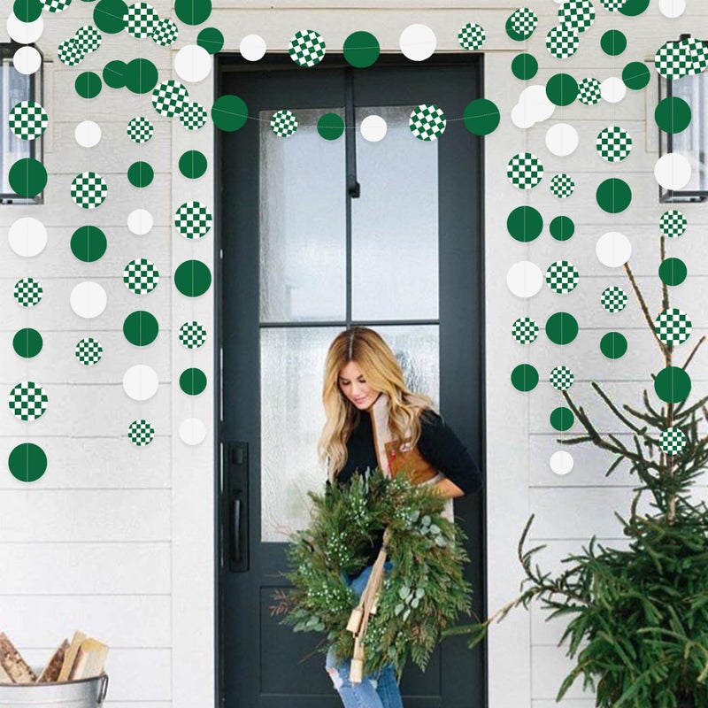 pinkblume Green Party Decorations White Green Checkered Circle Dots Streamer Hanging Paper Polka Dot Garland for Birthday Wedding Baby Shower Bachelorette Christmas Dinosaur Arbor Day Picnic Golf Party Supplies - Image 3