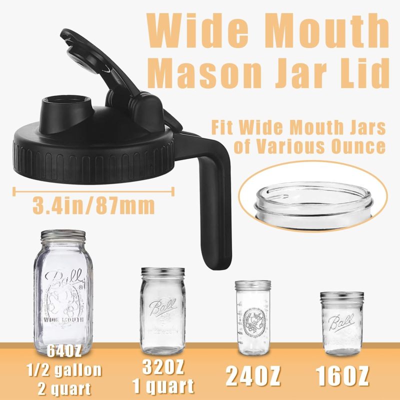 Wide Mouth Mason Jar Lids: 8.7*8.7*2 Cm Black Leak-proof Spout Lid - BPA-free Durable Handle Lid for Home Kitchen Liquid Storage - Image 5