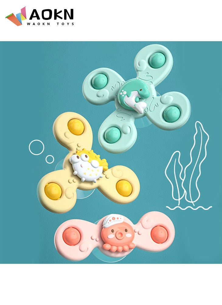 WAOKN - 3 PCS Baby Bath Spinner Toy with Rotating Suction Cup Spinning Top Toy Animal Spin Baby Bath Toys Dining Chairs Toys Windmill Marine Life Set - Image 1