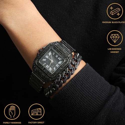 Halukakah Mens Watch The King Rhodium Black Plated 40MM Square Dial Iced Out WristbandComes in Giftbox - Image 3