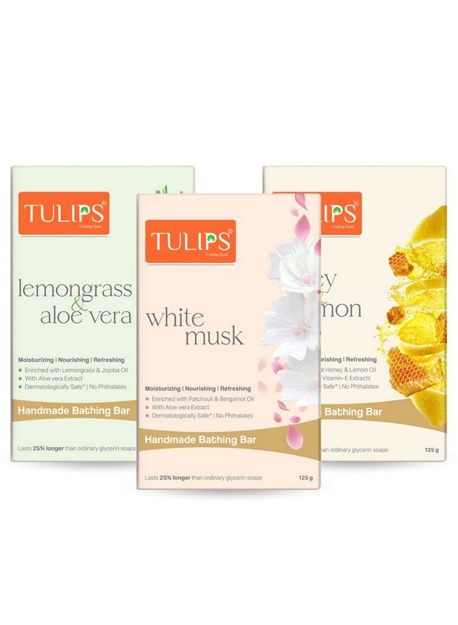 Tulips Handmade Bathing Bar Soap (Honey & Lemon Lemongrass & Aloe Vera White Musk Pack Of 3) - Image 1