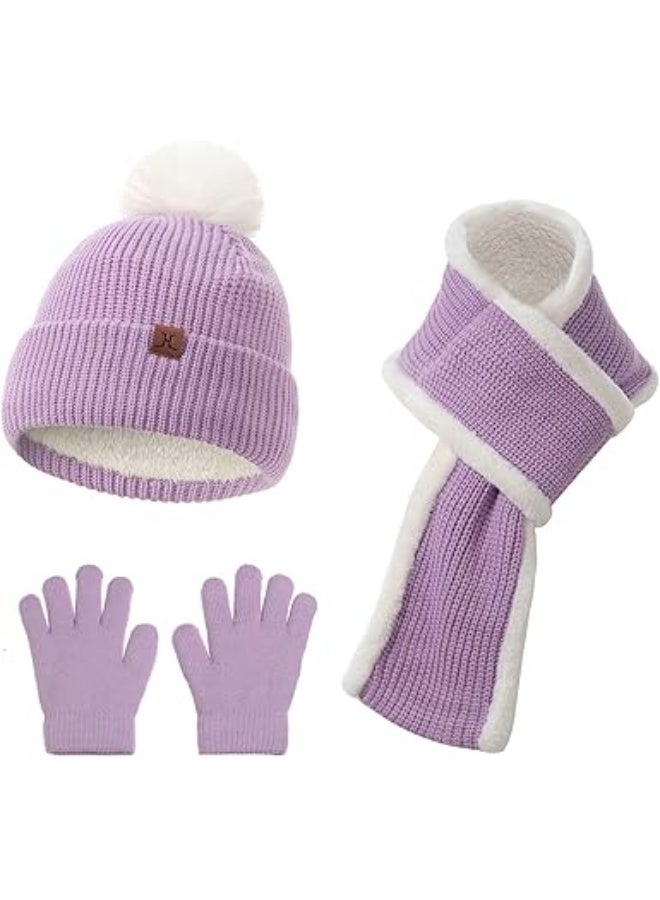 KASTWAVE Kids Beanie Hat Scarf Set, Kids Winter Hat Scarf Gloves Set, 3 in 1 Thermal Knit Hat Scarf Gloves Set with Double Layer Fleece Lining, for Toddler Boys Girls for 1-6 Years Old Kids (Purple) - Image 1