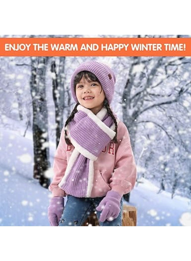 KASTWAVE Kids Beanie Hat Scarf Set, Kids Winter Hat Scarf Gloves Set, 3 in 1 Thermal Knit Hat Scarf Gloves Set with Double Layer Fleece Lining, for Toddler Boys Girls for 1-6 Years Old Kids (Purple) - Image 2