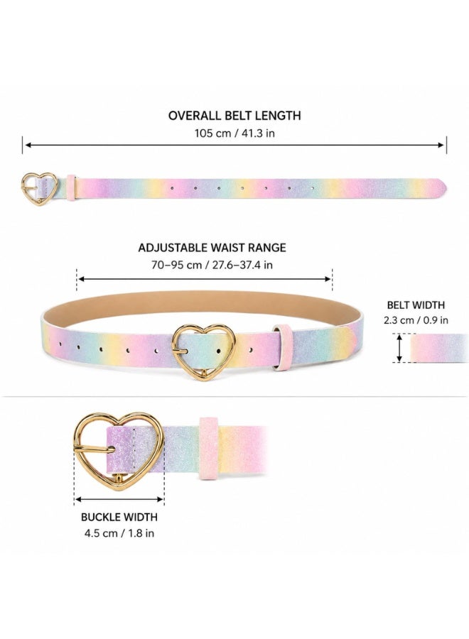 Adjustable Sparkly Rainbow PU Leather Waist Belt for Women, Shiny Heart Buckle Fashion Waistband, Ideal for Daily Outfit and Gift Giving - Image 2