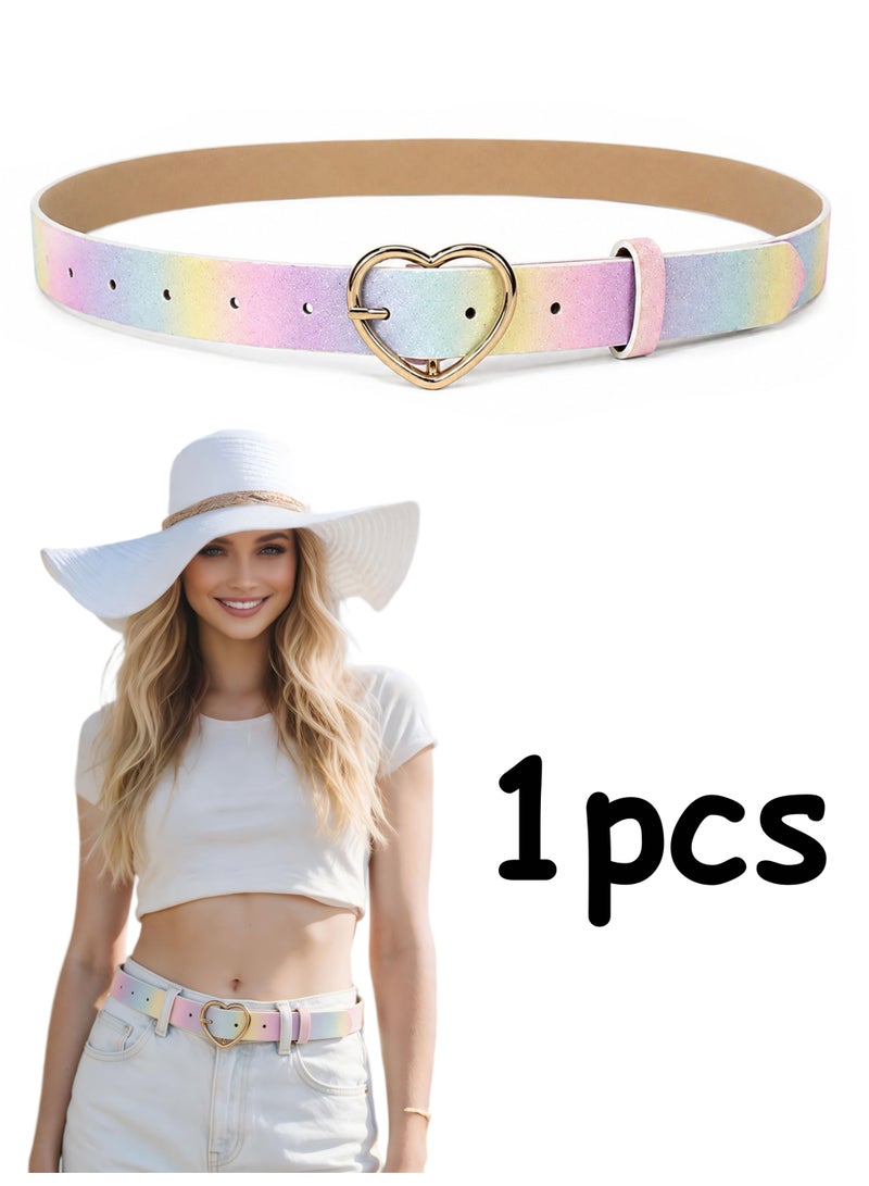 Adjustable Sparkly Rainbow PU Leather Waist Belt for Women, Shiny Heart Buckle Fashion Waistband, Ideal for Daily Outfit and Gift Giving - Image 1