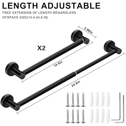 MGahyi Towel Racks for Bathroom-Adjustable Towel Holder(13.18inch-24inch) Sturdy and Rustproof Towel Bar Wall Mounted, Single Towel Bar Rod for Bathroom Accessories(2Pcs,Black) - Image 2
