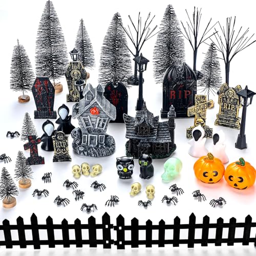 Colingmill 56 Pcs Halloween Village Accessories Set Halloween Haunted House Village Set Miniature Tombstones Tree Fake Spiders Fence Streetlamp Figurines for Home Table Party Decor - Image 1