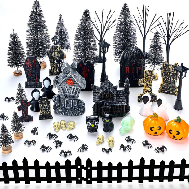 Colingmill 56 Pcs Halloween Village Accessories Set Halloween Haunted House Village Set Miniature Tombstones Tree Fake Spiders Fence Streetlamp Figurines for Home Table Party Decor - Image 2