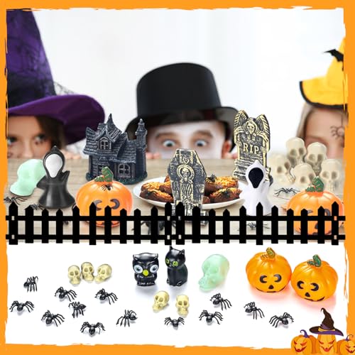 Colingmill 56 Pcs Halloween Village Accessories Set Halloween Haunted House Village Set Miniature Tombstones Tree Fake Spiders Fence Streetlamp Figurines for Home Table Party Decor - Image 3