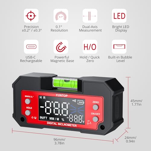 XUNTOP Digital Angle Finder Tool Dual Axis X-axis of 4×90° and Y-axis of ±60° Powerful Magnetic Base Level Box Type-C Rechargeable Digital Inclinometer with LED Display for Woodworking Table Saw - Image 2