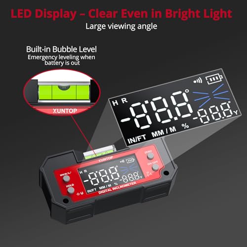 XUNTOP Digital Angle Finder Tool Dual Axis X-axis of 4×90° and Y-axis of ±60° Powerful Magnetic Base Level Box Type-C Rechargeable Digital Inclinometer with LED Display for Woodworking Table Saw - Image 3
