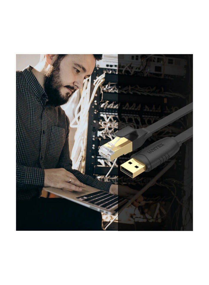 USB 2.0 to RJ45 Console Rollover Flat Cable, for Cisco-standard serial console, ideal to replace RS232 (DB-25/DB-9) serial port adapter cable, connecting to the console port on a modem, router, server, switch or other Serial based devices, from your PC and laptop directly Full support for 32-bit and 64-bit Windows, Mac OS and Linux  1.8M