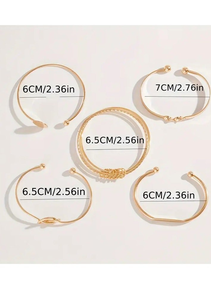 Goolsky 5pcs/set Bangle – Minimalist Geometric Round Glossy Alloy Bangle Bracelet, Retro Trendy Knotted Open Cuff Bangle Set For Women, Adjustable - Image 2