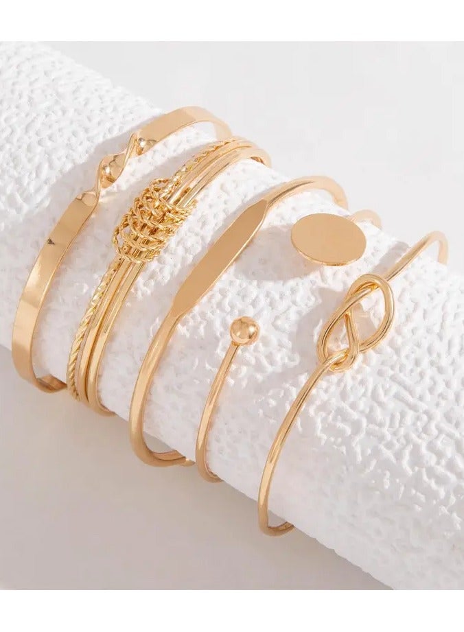 Goolsky 5pcs/set Bangle – Minimalist Geometric Round Glossy Alloy Bangle Bracelet, Retro Trendy Knotted Open Cuff Bangle Set For Women, Adjustable - Image 4