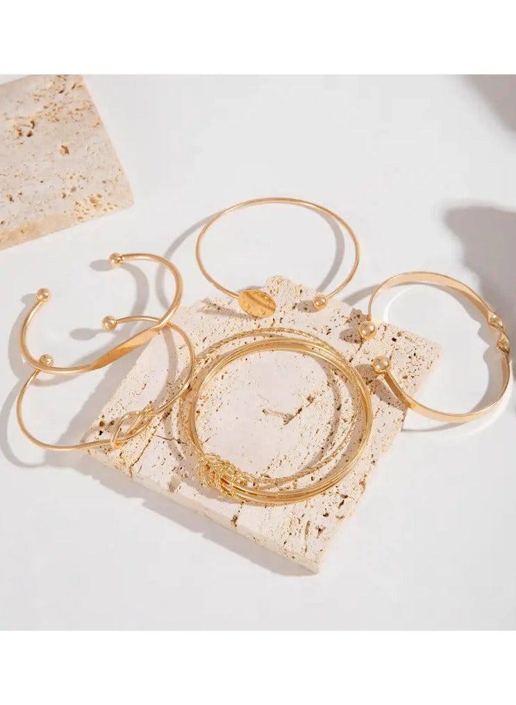 Goolsky 5pcs/set Bangle – Minimalist Geometric Round Glossy Alloy Bangle Bracelet, Retro Trendy Knotted Open Cuff Bangle Set For Women, Adjustable - Image 5