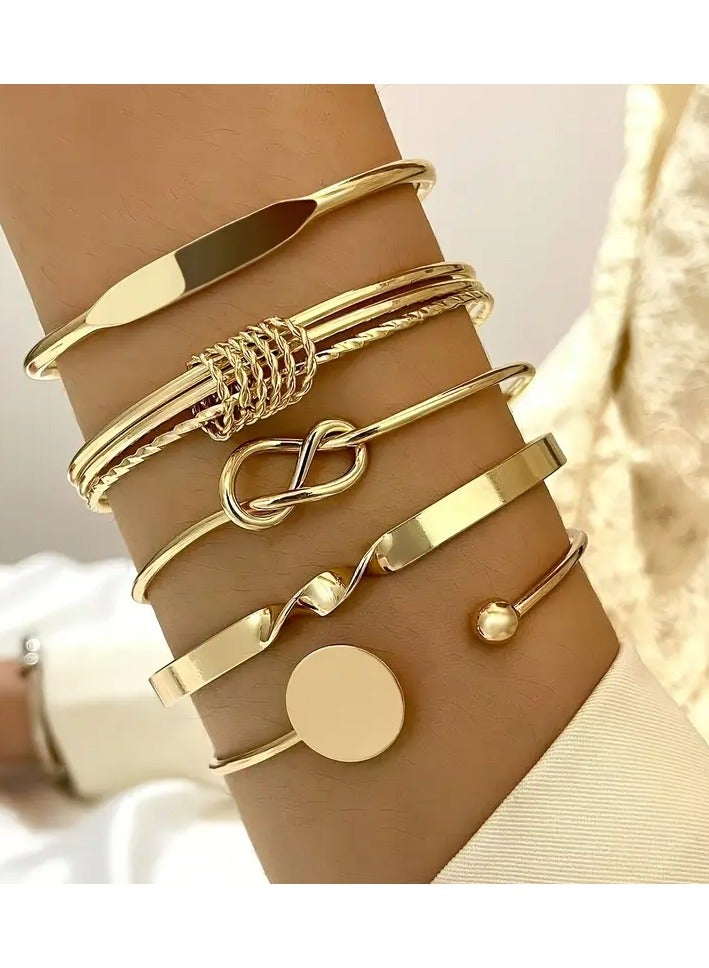 Goolsky 5pcs/set Bangle – Minimalist Geometric Round Glossy Alloy Bangle Bracelet, Retro Trendy Knotted Open Cuff Bangle Set For Women, Adjustable - Image 1