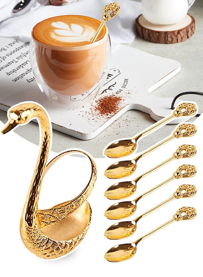 Coffee Spoon Set, Dessert Flatware Set, Coffee Spoon Set with Swan Base Holder, Swan Tableware Spoon Fork Holder ,  Ice Cream Fruits Flatware Set With Spoons, Small Delicate Spoons for Coffee，Elegant Small Gold Swan Base Holder for Coffee Bar Dining, Perfect for Wedding Entertaining Table Decor - Image 1