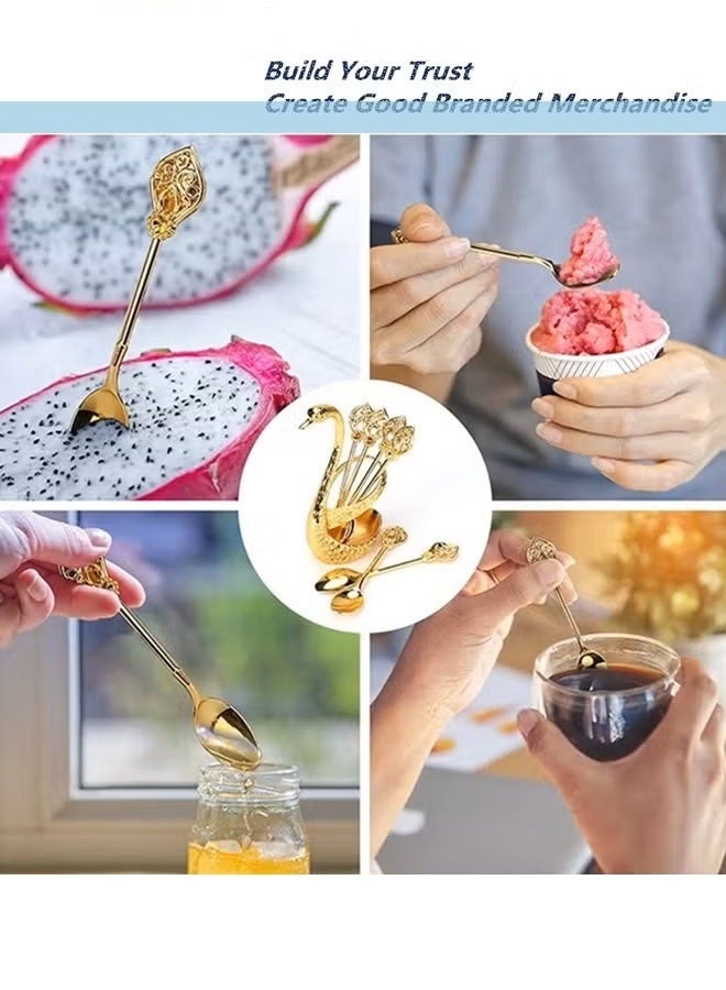 Coffee Spoon Set, Dessert Flatware Set, Coffee Spoon Set with Swan Base Holder, Swan Tableware Spoon Fork Holder ,  Ice Cream Fruits Flatware Set With Spoons, Small Delicate Spoons for Coffee，Elegant Small Gold Swan Base Holder for Coffee Bar Dining, Perfect for Wedding Entertaining Table Decor - Image 3