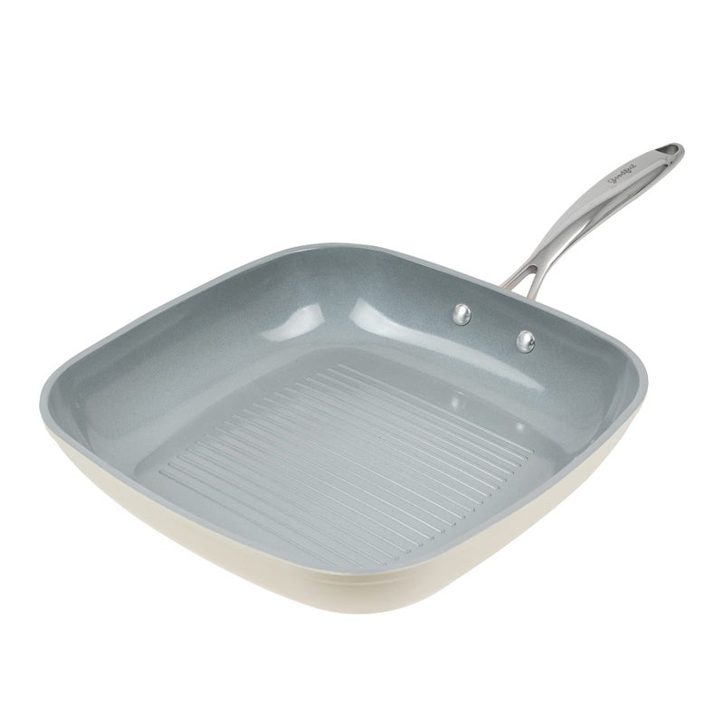 Goodful Ceramic Nonstick 11 Inch Grill Pan Dishwasher Safe Pots and Pans Comfort Grip Stainless Steel Handle Made without PFOA Griddle Cream