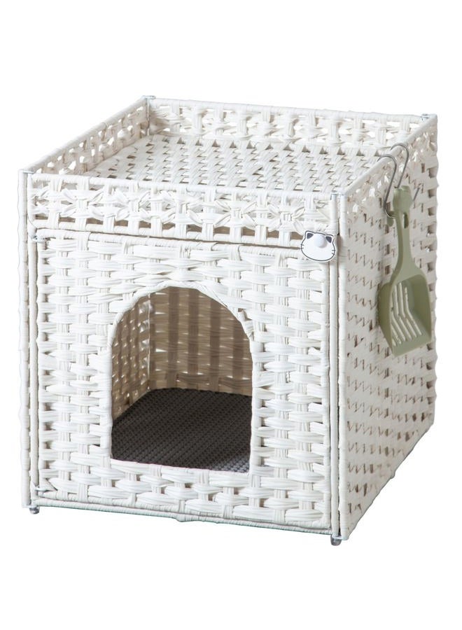 SETVSON Cat Litter Box Enclosure Furniture, Hidden Litter Box with Mat and Fence, Handwoven Rattan Cat House with Two S-Shaped Hooks for Living Room, Bedroom, 18.5 x 20.5 x 19.1 Inches (White - Image 1